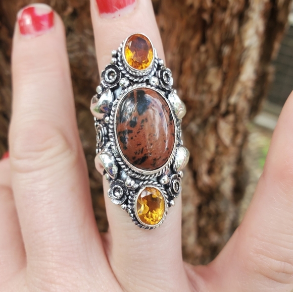 New Witchy Mahogany Obsidian & Citrine 925 Silver Statement Ring. - Picture 15 of 16